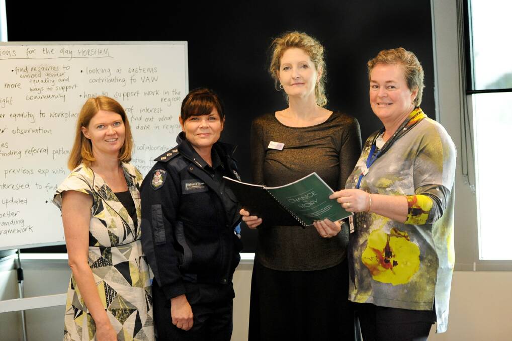 Women's Health Grampians' Darlene Henning-Marshall, left, and Carolynne Hamdorf, second from right, with Horsham Inspector Rebecca Olsen and the Department of Health and Human Services' Mandi Stewart. Picture: SAMANTHA CAMARRI