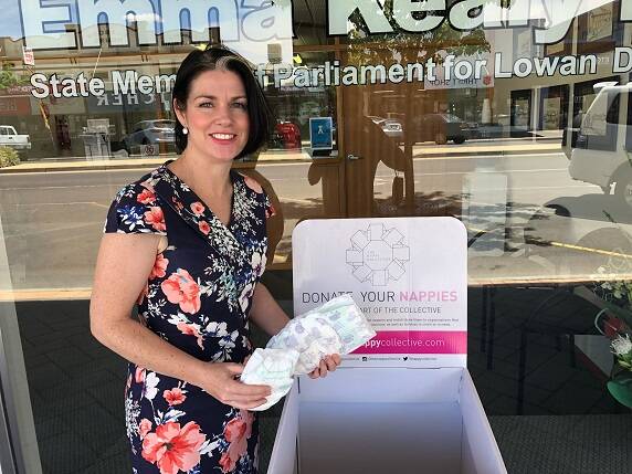 Member for Lowan Emma Kealy with unused nappies donated at her office. Picture: CONTRIBUTED