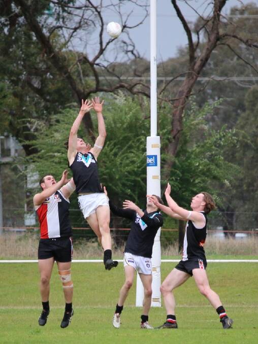 FLYING HIGH: Zac Armer leaps to take a strong mark against Edenhope-Apsley. Armer has booted 24 goals so far this season. Picture: Trish Ralph. 