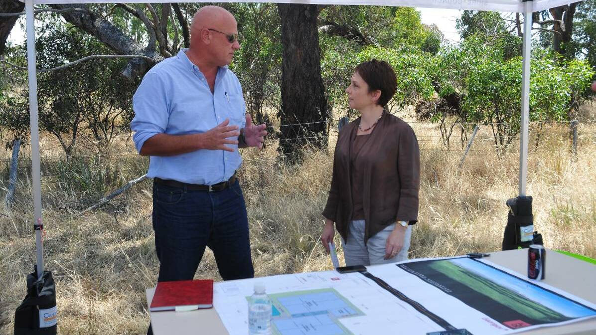 DEVELOPMENT: Nectar Farms chief executive Stephen Sasse discusses the project with Minister Jaala Pulford. Picture: Anthony Piovesan