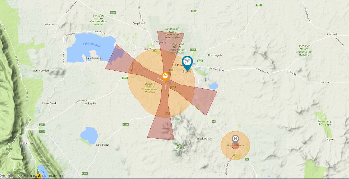 Drone caution areas in the Stawell area. 
