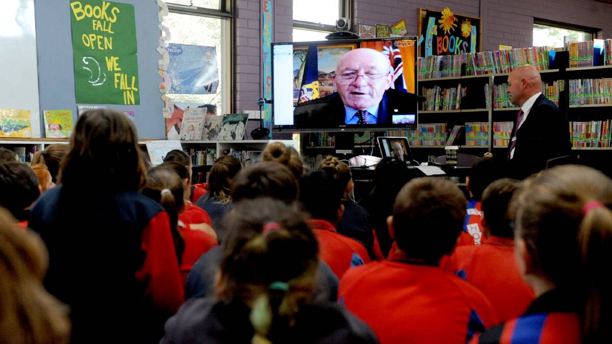 Governor General Sir Peter Cosgrove answers questions from Horsham Primary School grade six students. Picture: SAMANTHA CAMARRI