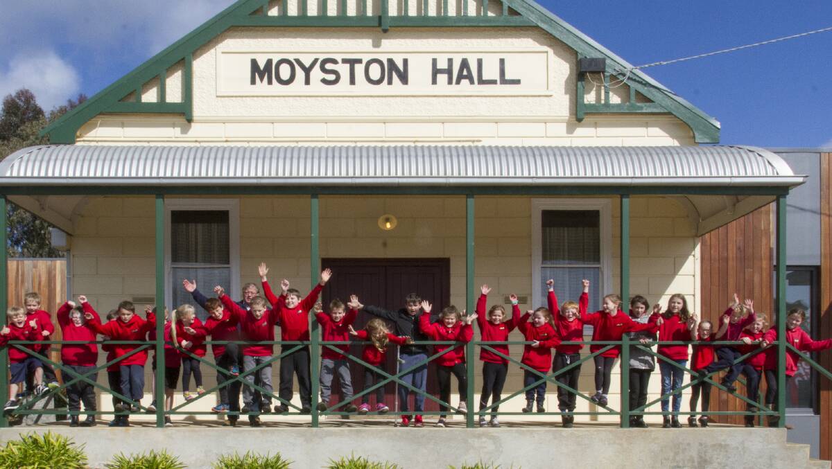 FRESH FACADE: Moyston Primary School students celebrate the official reopening of the Moyston Hall on Friday morning. Designing of the works, aided by a government grant, began in 2014. Picture: PETER PICKERING