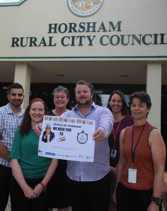 Alcohol working group members Meredith Knoop of Wimmera Uniting Care, Jesse Hinch of Horsham Rural City Council, Sally Pymer Wimmera Drug Action Task Force, Caleb Lourensz of Grampians Health, Mandi Stewart of the Department of Health and Human Services and Kate Waterworth of Wimmera Uniting Care promote a youth survey.  