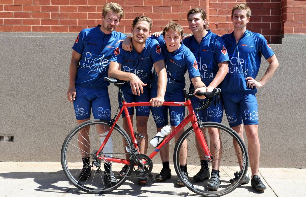 RIDING: Lewis Hender, Jed Redden, Lachy Earl, Charlie Hender, Darcy Collett, who are riding from Melbourne to Adelaide to raise money for brain cancer: Picture: OLIVIA PAGE
