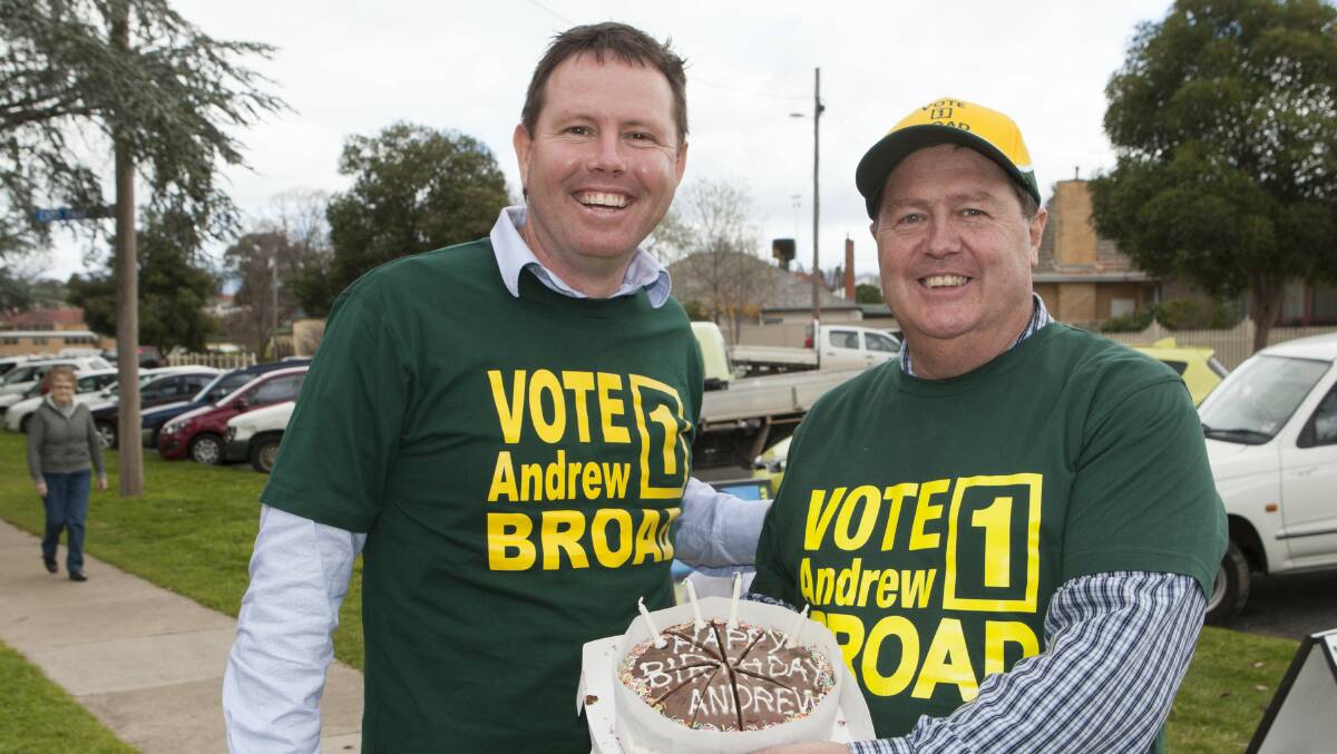 Member for Mallee celebrates his 41st birthday with volunteer Chris Anderson while campaigning on federal election day at Stawell. Picture; PETER PICKERING