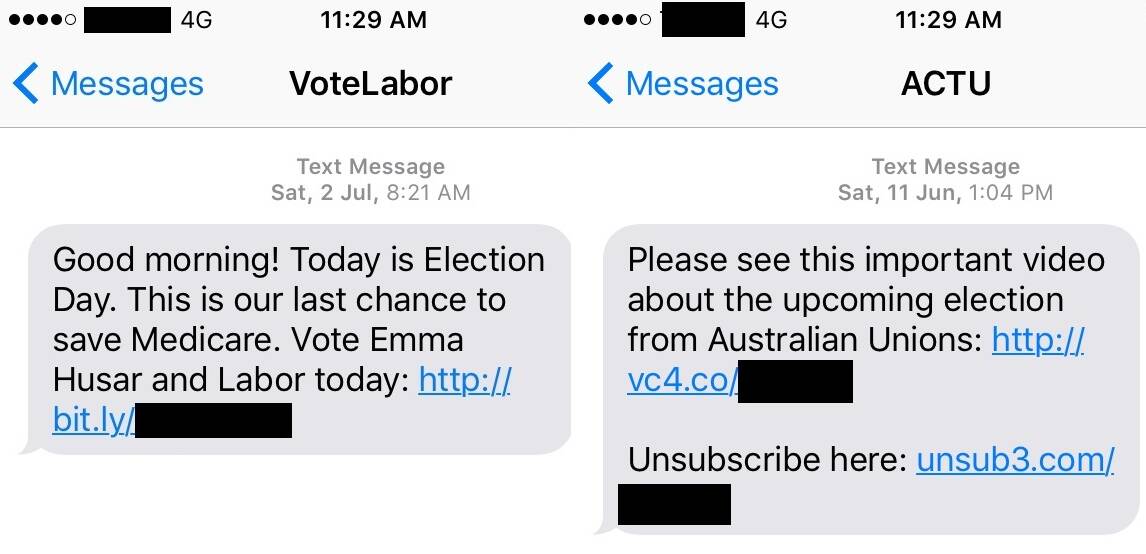 Examples of text messages sent to voters during the 2016 federal election campaign
