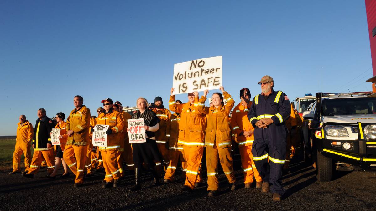 Country Fire Authority volunteers protest against a new workplace agreement in June 2016. Picture: PAUL CARRACHER