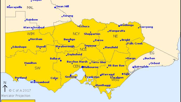 The affected area for a severe weather warning issued on Monday.