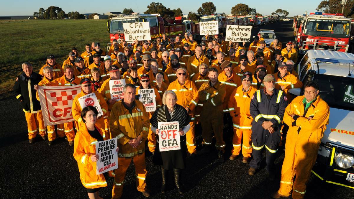 Country Fire Authority volunteers, with Member for Lowan Emma Kealy and Member for Rippon Louise Staley, protest in Ararat against a new workplace agreement.