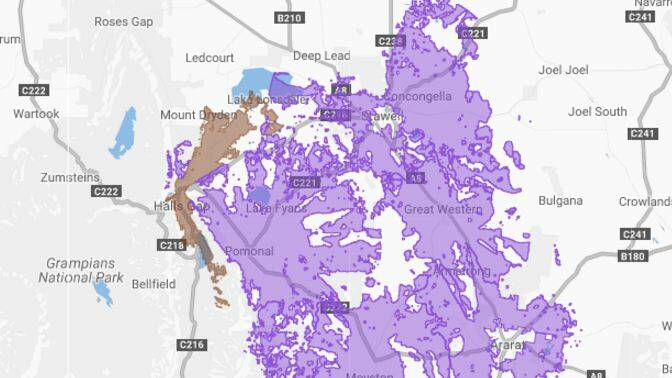 The National Broadband Network rollout map for Halls Gap with completed fixed wireless service areas in purple and pending areas in brown. Picture: NBNCO 