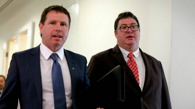 National Party MPs Andrew Broad and George Christensen. Photo: Alex Ellinghausen
