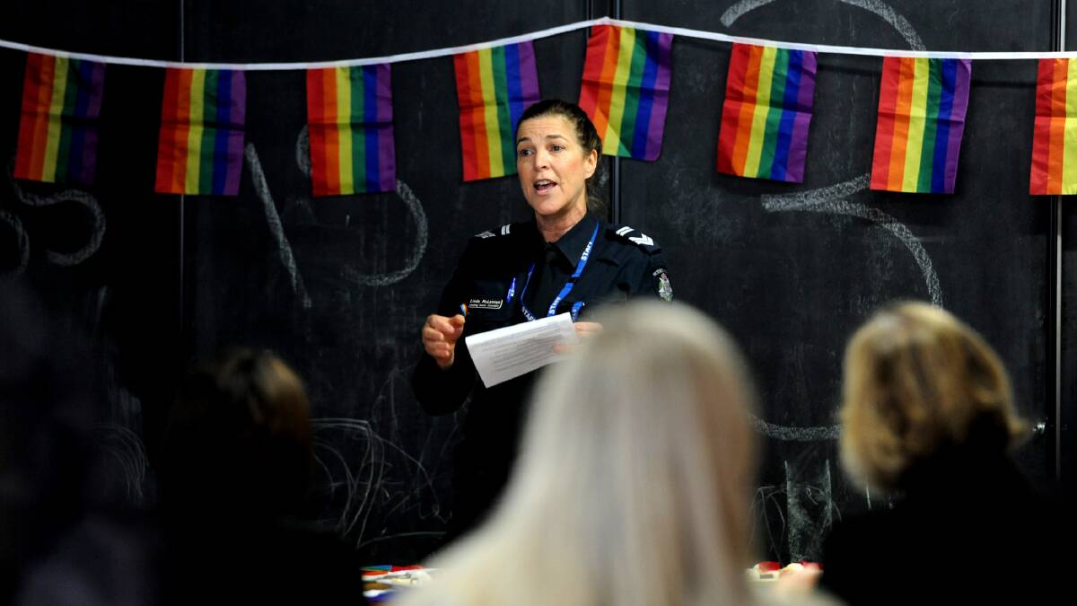 Horsham police Leading Senior Constable and youth resource officer Linda McLennan speaking at the Wimmera Pride Project Pride Celebration coinciding with the International Day Against Homophobia, Biphobia, Intersex and Transphobia on Wednesday. Picture: SAMANTHA CAMARRI