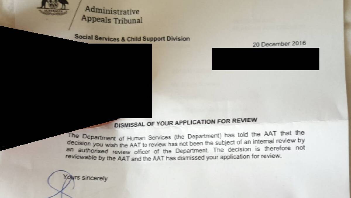 A letter sent to a Horsham woman after her request for a Centrelink debt review was denied.