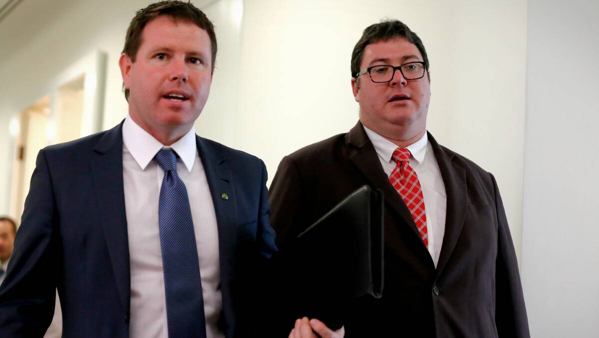 Nationals MPs Andrew Broad and George Christensen depart after the joint party room meeting at Parliament House in Canberra on Monday 18 July 2016. Photo: Alex Ellinghausen