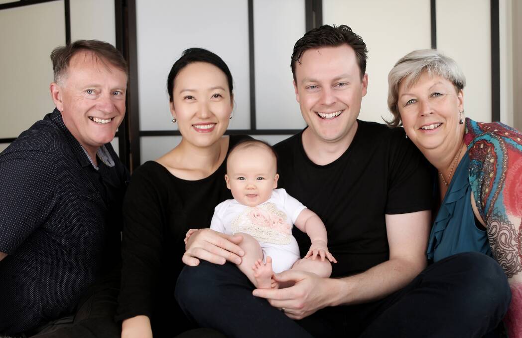 Liberal candidate for Dunkley Chris Crewther with his parents Barry and Debbie Crewther of Horsham, his wife Grace and daughter Yasmin. Picture: CONTRIBUTED