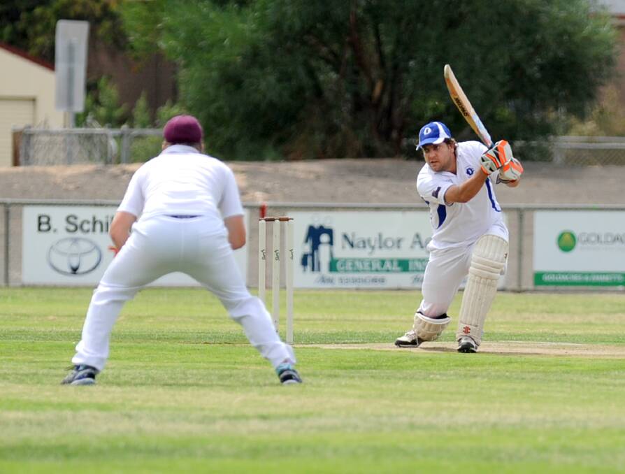 ON THE ATTACK: Donald's Dylan Ruurds batting against Brim-Kellalac-Sheep Hills in the Wimmera-Mallee Cricket Association 2015-16 grand final. Picture: SAMANTHA CAMARRI 