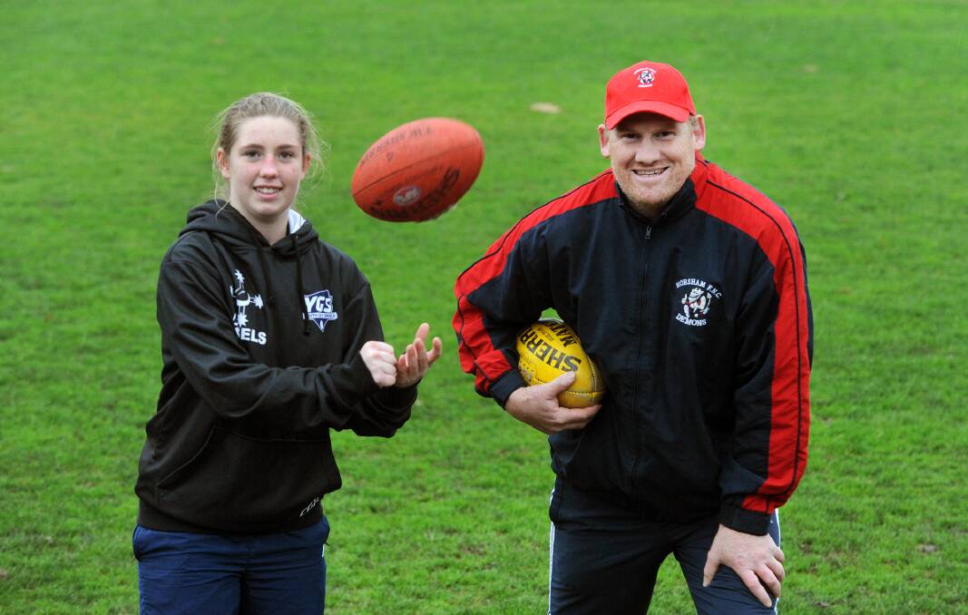 WOMEN'S FOOTY: Nekaela Butler and Terry Arnel are hoping a Horsham Football Club girls footy program takes off. Picture: PAUL CARRACHER 