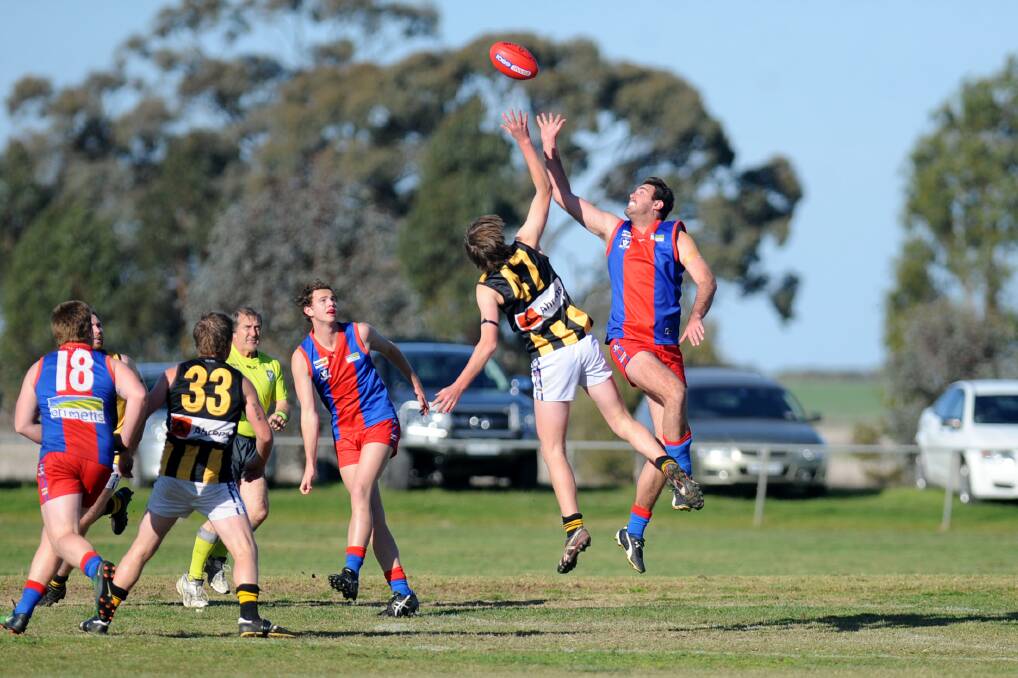 TALL: Rupanyup's Zac May contests the ruck last season against Pimpinio. Picture: SAMANTHA CAMARRI