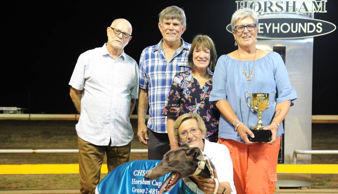 CELEBRATIONS: Mildura owners Keith, Jon, Sue and Cheryl Bowen with Jimmy Newob trainer Jackie Greenough at the cup. Picture: SEAN WALES