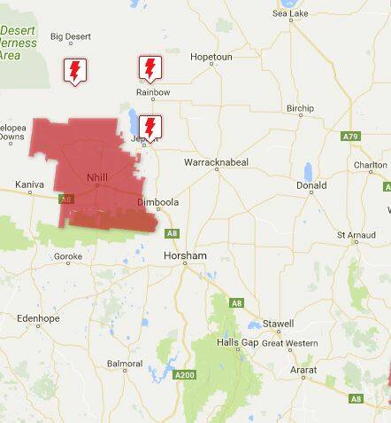 A map from Powercor's website showing a complete power outage in the Nhill area. 
