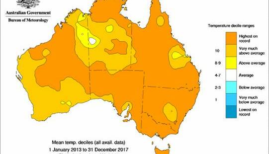 HEATWAVE: This heat map shows areas in which the period of 2013-2017 was the hottest five-year period on record. Areas coloured dark orange, including the whole of Victoria, fall under that category. Picture: Bureau of Metereology 
