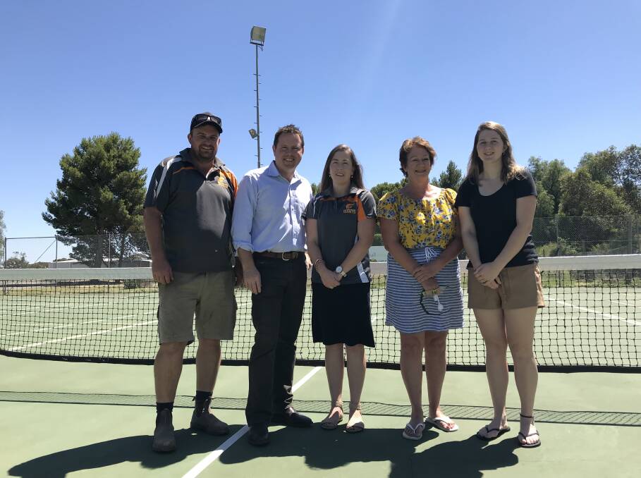 IMPROVEMENTS: Giants club president Brad Moore with Member for Mallee Andrew Broad, Giants committee member Bridget Williams, Beulah Park Trustees secretary Karen Williams and Giants netballer Stef Riggal. Picture: CONTRIBUTED
