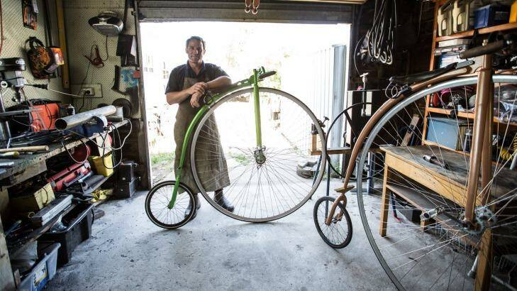 Dan Bolwell is Australia's only full-time penny farthing maker. He crafts the works of art from his garage in Horsham. Photo: Jason South