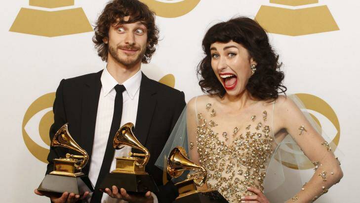 Gotye poses with his Grammy awards for Best Pop Duo/Group Performance with Kimbra (R) and for Best Alternative Music Album, backstage at the 55th annual Grammy Awards in Los Angeles last February.  Photo: Jonathan Alcorn