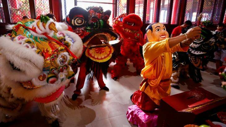 Lion dance during Lunar New Year celebration at the Bright Moon Buddhist temple in Springvale South.  Photo: Eddie Jim