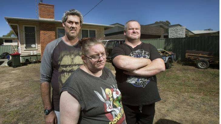 Ronald Lyons, Christine Lyons and Peter Arthur outside the home they shared with Samantha Kelly in the Bendigo suburb of Kangaroo Flat. Photo: Simon O'Dwyer