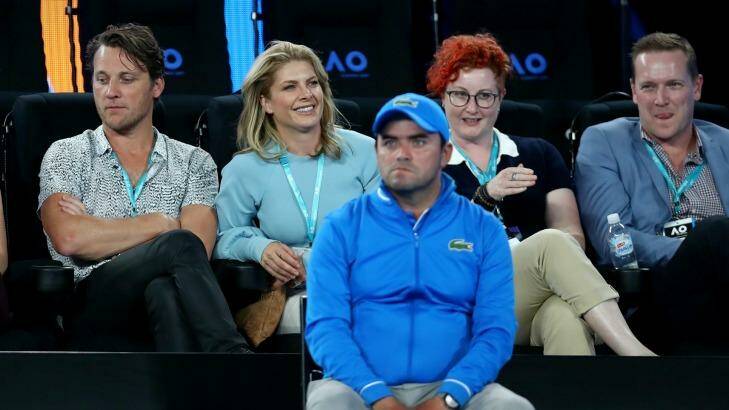 Singer Natalie Bassingthwaite (second from left) sitting on court for the match between Serena Williams and Lucie Safarova on Thursday. Photo: Alex Ellinghausen