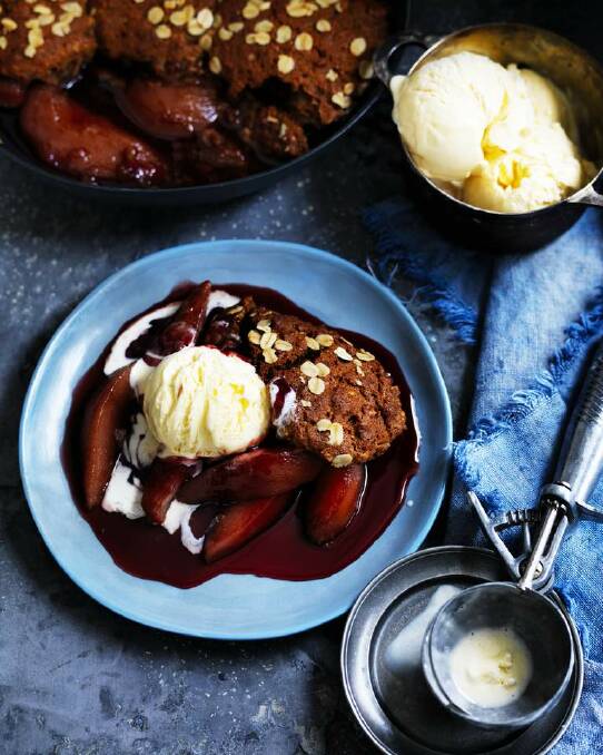 Dan Lepard's gingerbread pudding with red wine pears <a href="http://www.goodfood.com.au/good-food/cook/recipe/gingerbread-pudding-with-red-wine-pears-20140520-38kv0.html"><b>(recipe here).</b></a> Photo: William Meppem