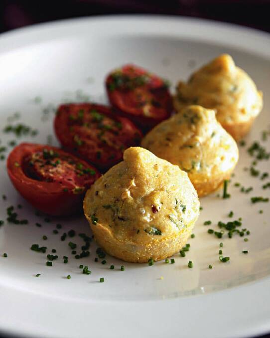 Steve Manfredi's corn and prosciutto muffins with roasted tomatoes <a href="http://www.goodfood.com.au/good-food/cook/recipe/corn-and-prosciutto-muffins-with-roasted-tomatoes-20111019-29vp4.html"><b>(RECIPE HERE).</b></a> Photo: Jennifer Soo