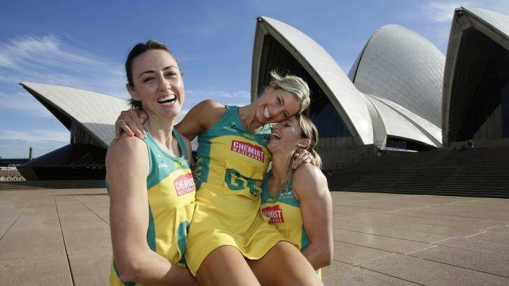 The three Queensland Firebirds who will represent the Diamonds at this week's World Cup. Photo: Jessica Hromas