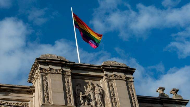 The rainbow flag flying above Parliament House this week. Photo: Penny Stephens