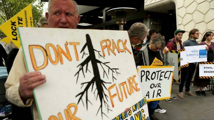 Fracking protesters outside AGL's annual general meeting in Melbourne in September, 2015.  Photo: Pat Scala