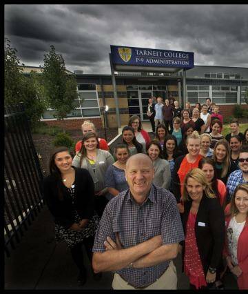 Principal Peter Devereux and 35 of the new teachers set to start the year at Tarneit P-9. Photo: Simon O'Dwyer