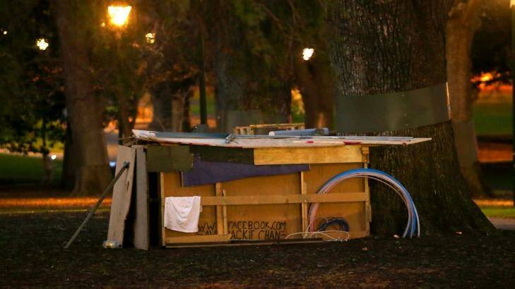 A makeshift homeless shelter in Treasury Gardens.  Photo: Pat Scala
