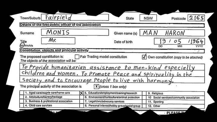 An application Man Haron Monis submitted to NSW Fair Trading in 2011, listing his desire to provide "humanitarian assistance to mankind".