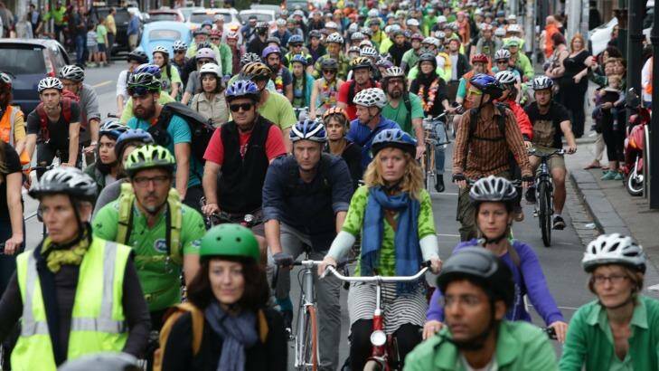 Cyclists converge on Sydney Road to pay tribute to Alberto Paulon, killed in a tragic dooring incident. Photo: Jason South