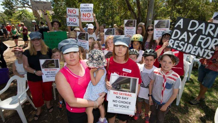 Murrumbeena residents Karlee Browning and Tracey Bigg attend a protest earlier this month against a proposed elevated railway line.  Photo: Penny Stephens
