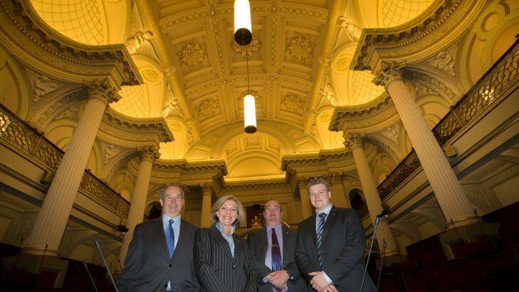 Crossbench MPs (from left) James Purcell, Fiona Patten, Jeff Bourman and Daniel Young. Photo: Jason South