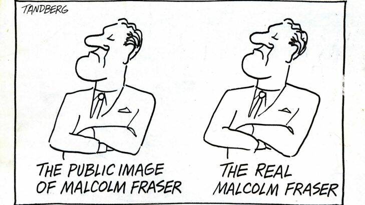 Cartoon / toon / Illustration / Illo by Ron Tandberg
1979 Walkley Award winning cartoon
Malcolm Fraser
The real Malcolm Fraser and the public image of Malcolm Fraser
Image used; The Age - Reflections : 150 Years of History, pg 79, upper left.