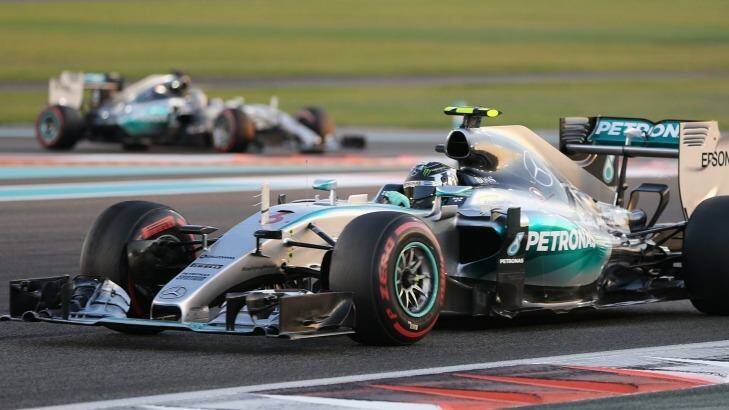 In front: Mercedes driver Nico Rosberg steers his car in front of his teammate Lewis Hamilton. Photo: Kamran Jebreili