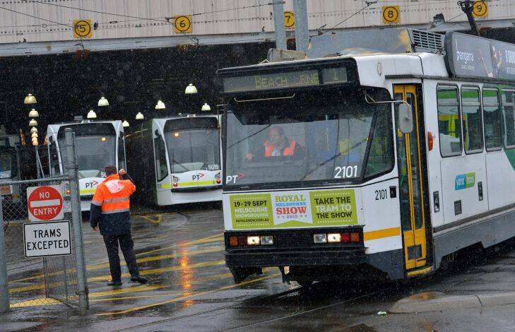 Trams leave the Brunswick depot after a 4 hour strike. 27th August 2015. Fairfaxmedia The Age  news Picture by Joe Armao
