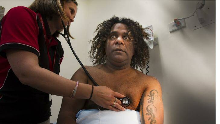 Adam Lampton-Nicholls 48, from Geelong West has a medical examination by Dr Catherine Eltringham for a possible chest infection at the Wathaurong Aboriginal health Service in Geelong. Photo: Simon O'Dwyer 