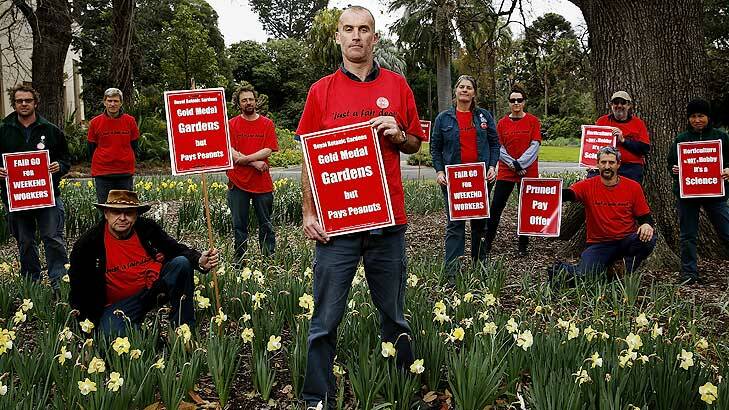 Mal Jackson with Royal Botanic Gardens colleagues, now on strike after management's pruned pay offer. Photo: Paul Jeffers