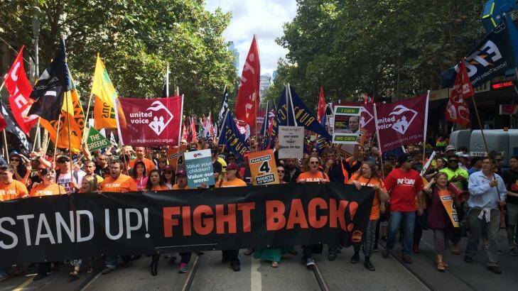 Thousands of workers rallied in Melbourne and around the country against an Abbott government inquiry into workplace relations. Photo: Jason South
