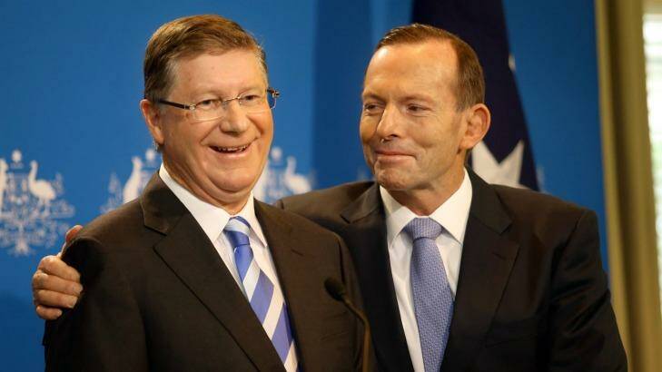 Denis Napthine and Tony Abbott at the joint  announcement of a police investigation into building industry corruption. Photo: Angela Wylie